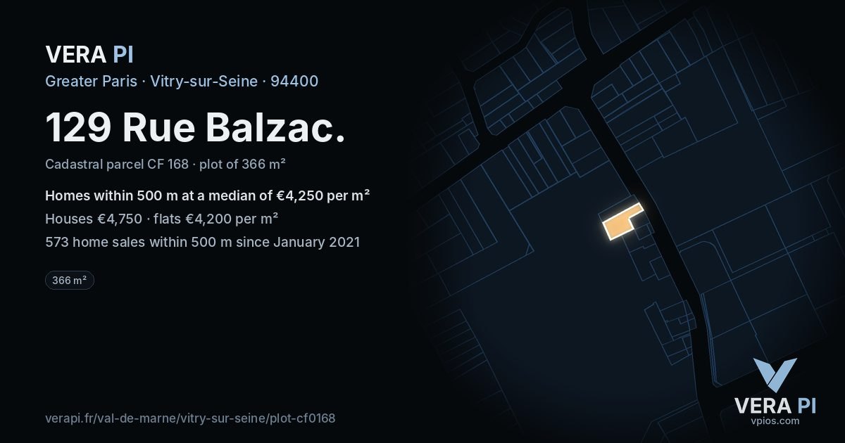 129 Rue Balzac, Vitry-sur-Seine at night – the plot lit, the parcels around coloured by the prices near them