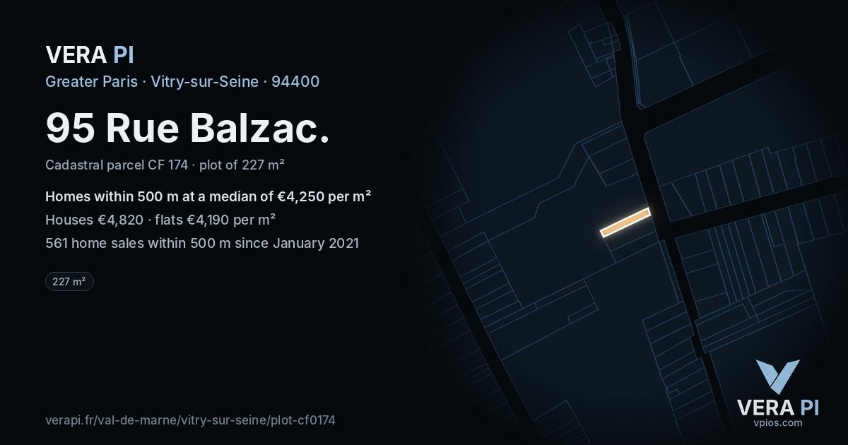 95 Rue Balzac, Vitry-sur-Seine at night – the plot lit, the parcels around coloured by the prices near them