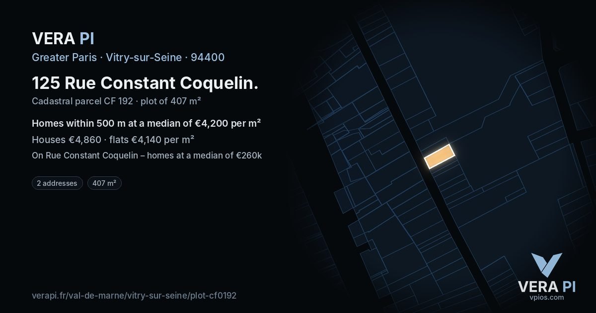 125 Rue Constant Coquelin, Vitry-sur-Seine at night – the plot lit, the parcels around coloured by the prices near them