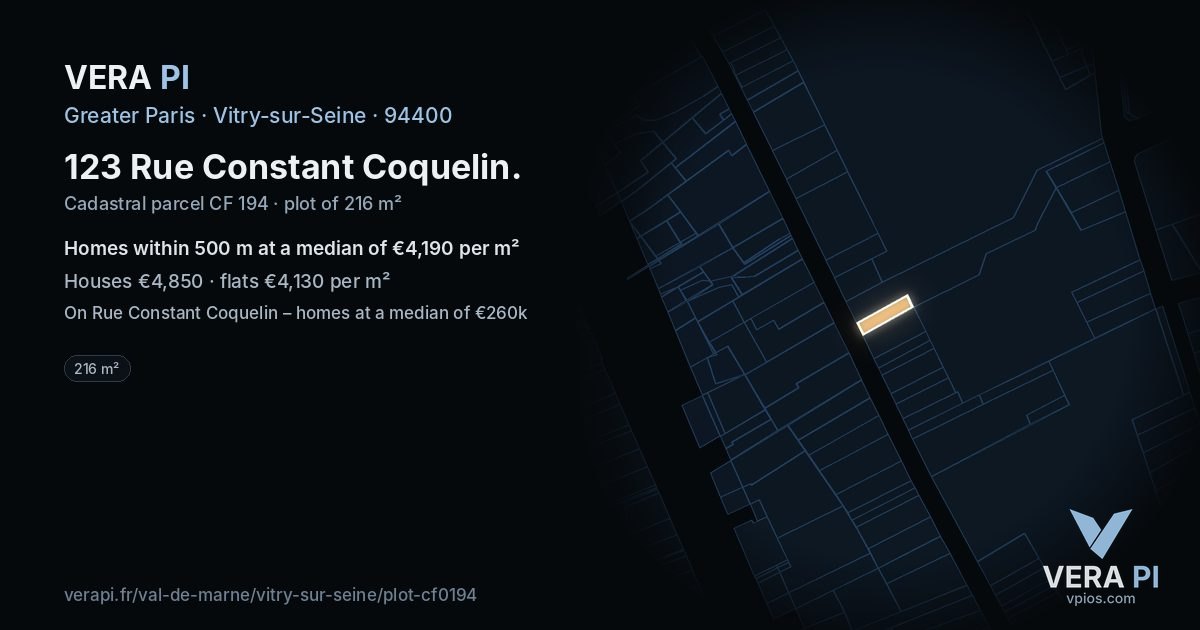 123 Rue Constant Coquelin, Vitry-sur-Seine at night – the plot lit, the parcels around coloured by the prices near them