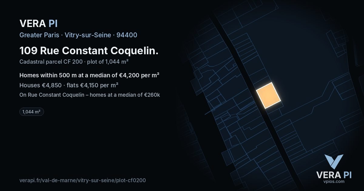 109 Rue Constant Coquelin, Vitry-sur-Seine at night – the plot lit, the parcels around coloured by the prices near them