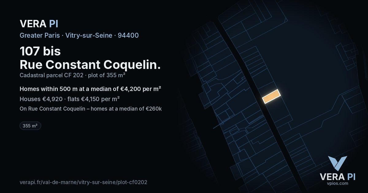 107 bis Rue Constant Coquelin, Vitry-sur-Seine at night – the plot lit, the parcels around coloured by the prices near them