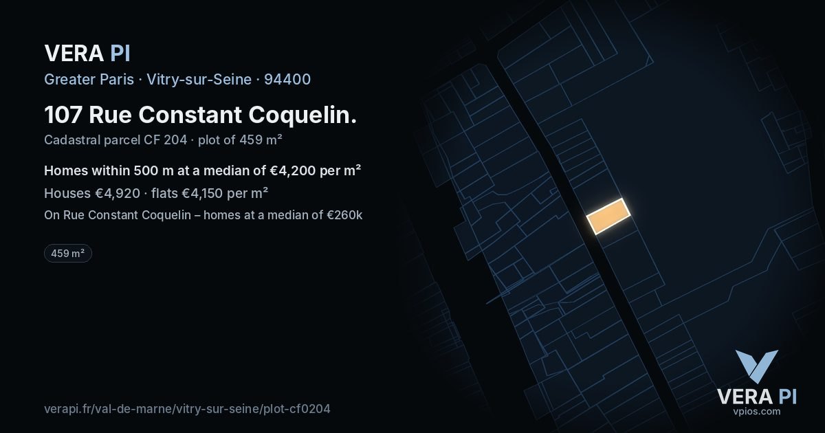 107 Rue Constant Coquelin, Vitry-sur-Seine at night – the plot lit, the parcels around coloured by the prices near them
