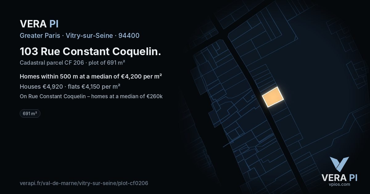 103 Rue Constant Coquelin, Vitry-sur-Seine at night – the plot lit, the parcels around coloured by the prices near them