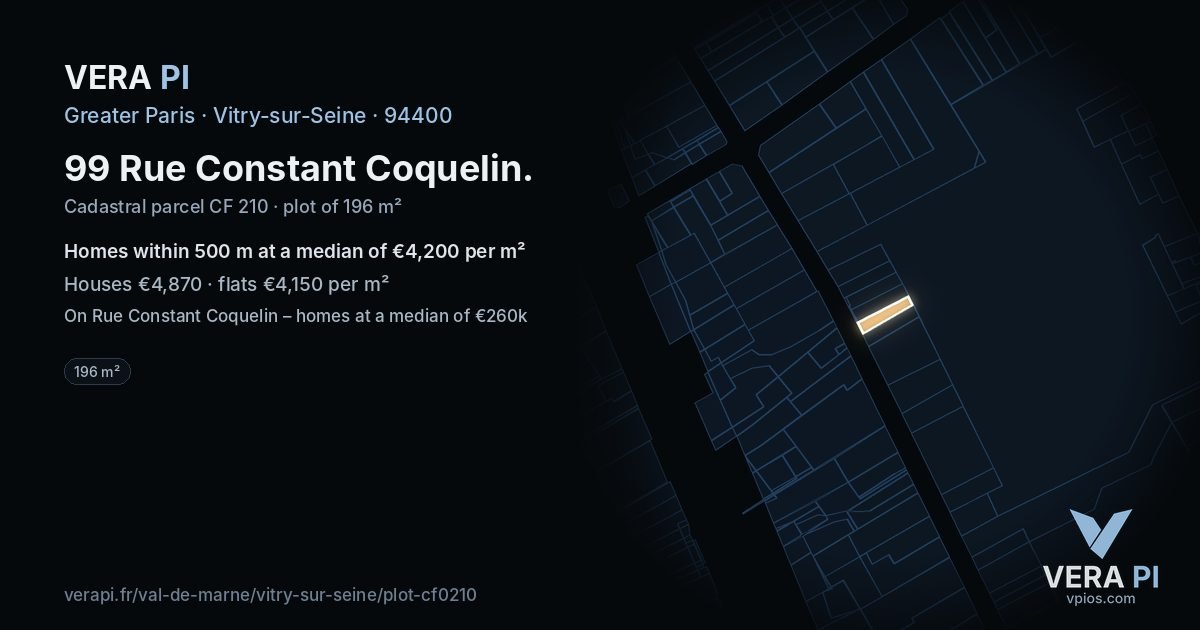 99 Rue Constant Coquelin, Vitry-sur-Seine at night – the plot lit, the parcels around coloured by the prices near them