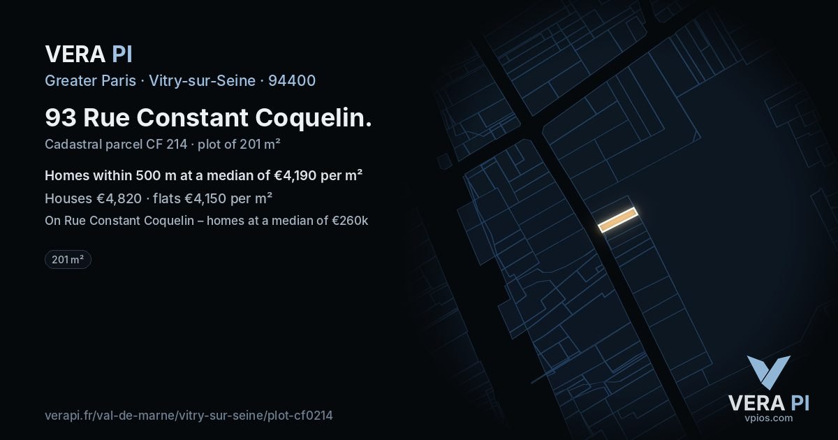 93 Rue Constant Coquelin, Vitry-sur-Seine at night – the plot lit, the parcels around coloured by the prices near them