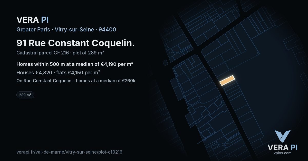 91 Rue Constant Coquelin, Vitry-sur-Seine at night – the plot lit, the parcels around coloured by the prices near them