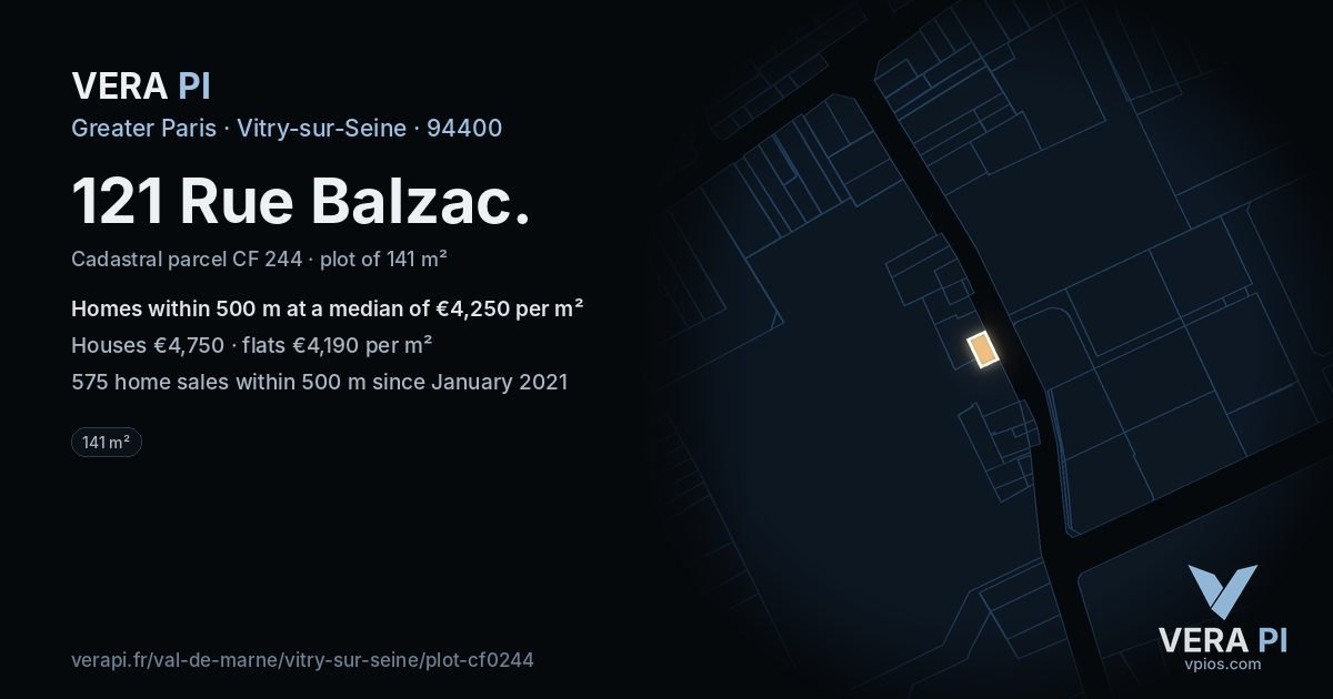 121 Rue Balzac, Vitry-sur-Seine at night – the plot lit, the parcels around coloured by the prices near them