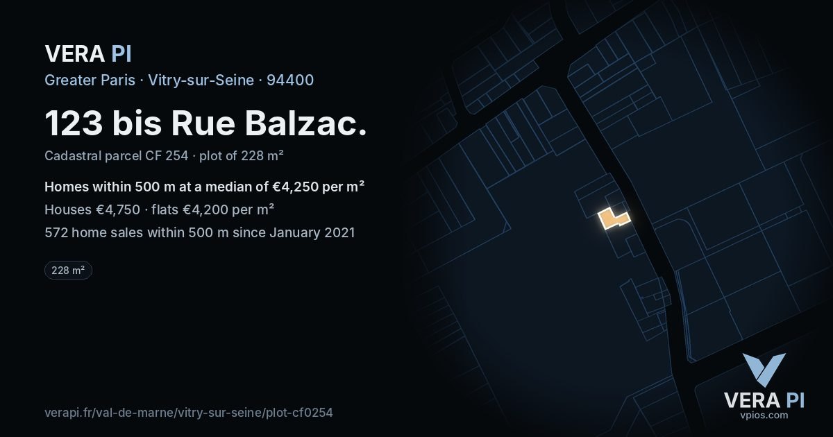 123 bis Rue Balzac, Vitry-sur-Seine at night – the plot lit, the parcels around coloured by the prices near them