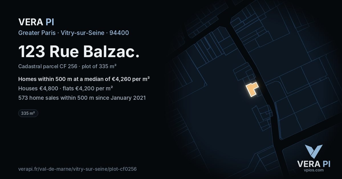 123 Rue Balzac, Vitry-sur-Seine at night – the plot lit, the parcels around coloured by the prices near them