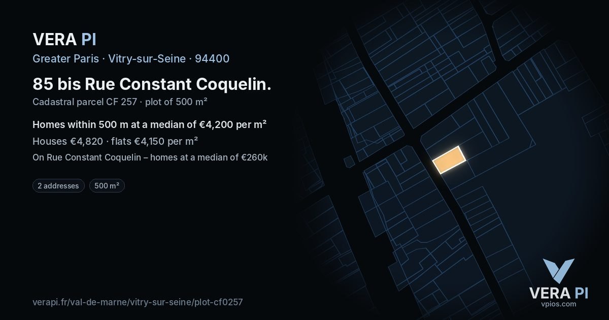 85 bis Rue Constant Coquelin, Vitry-sur-Seine at night – the plot lit, the parcels around coloured by the prices near them