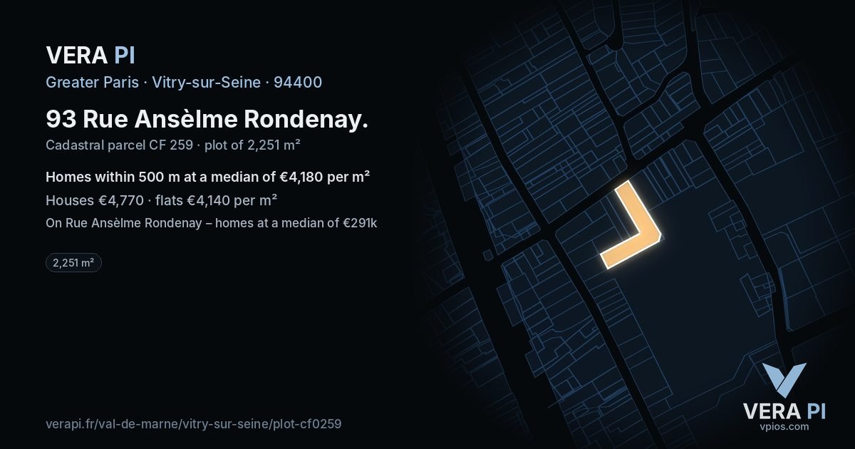 93 Rue Ansèlme Rondenay, Vitry-sur-Seine at night – the plot lit, the parcels around coloured by the prices near them
