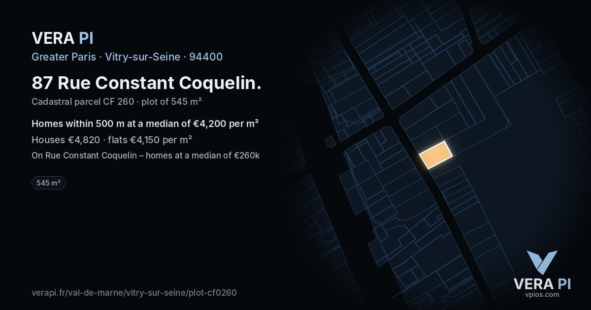 87 Rue Constant Coquelin, Vitry-sur-Seine at night – the plot lit, the parcels around coloured by the prices near them