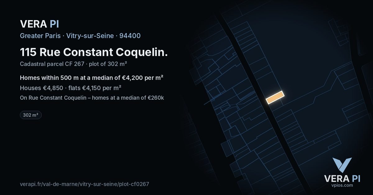 115 Rue Constant Coquelin, Vitry-sur-Seine at night – the plot lit, the parcels around coloured by the prices near them