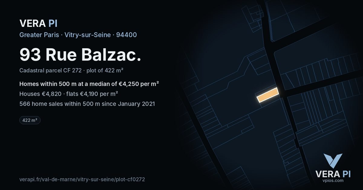 93 Rue Balzac, Vitry-sur-Seine at night – the plot lit, the parcels around coloured by the prices near them
