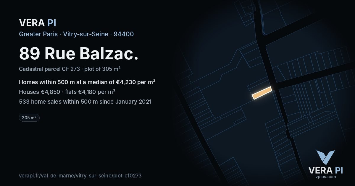89 Rue Balzac, Vitry-sur-Seine at night – the plot lit, the parcels around coloured by the prices near them