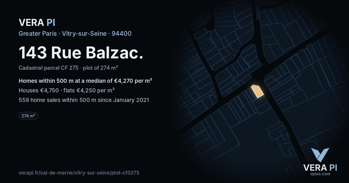 143 Rue Balzac, Vitry-sur-Seine at night – the plot lit, the parcels around coloured by the prices near them