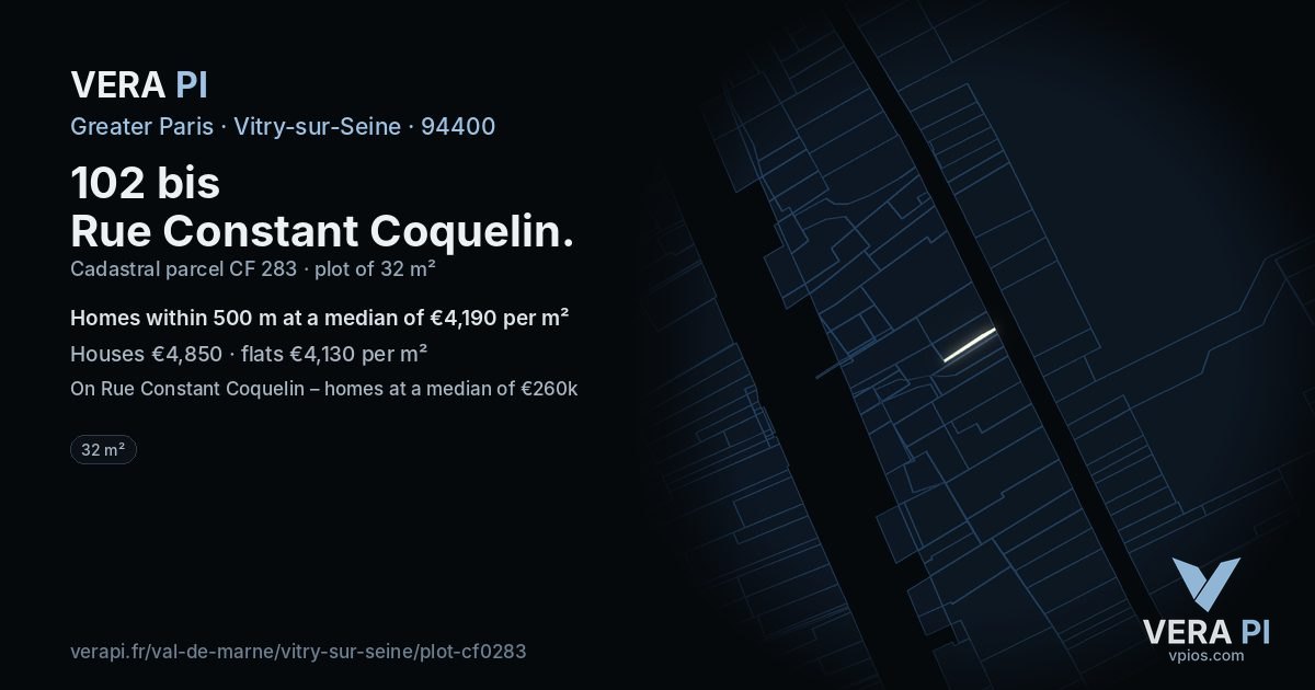 102 bis Rue Constant Coquelin, Vitry-sur-Seine at night – the plot lit, the parcels around coloured by the prices near them