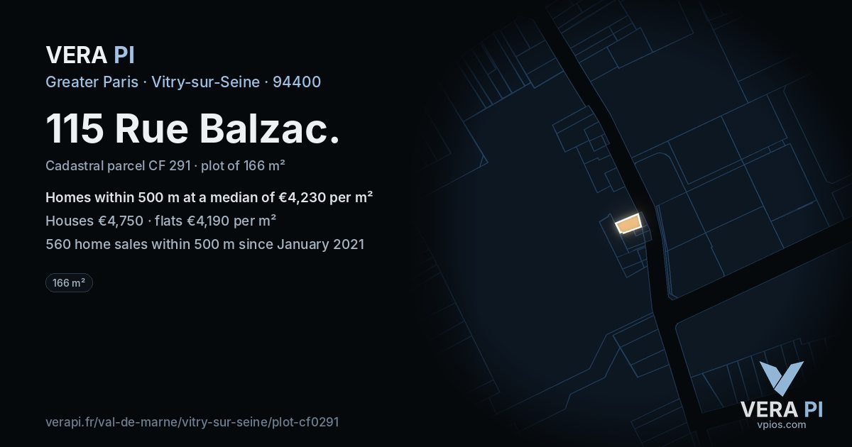 115 Rue Balzac, Vitry-sur-Seine at night – the plot lit, the parcels around coloured by the prices near them