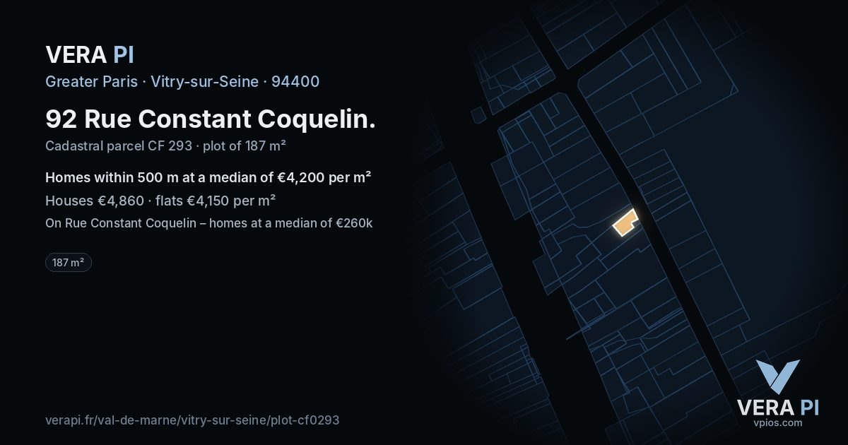 92 Rue Constant Coquelin, Vitry-sur-Seine at night – the plot lit, the parcels around coloured by the prices near them