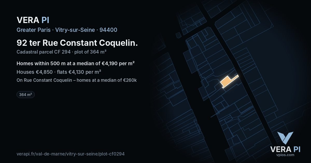 92 ter Rue Constant Coquelin, Vitry-sur-Seine at night – the plot lit, the parcels around coloured by the prices near them