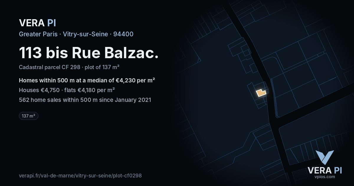 113 bis Rue Balzac, Vitry-sur-Seine at night – the plot lit, the parcels around coloured by the prices near them