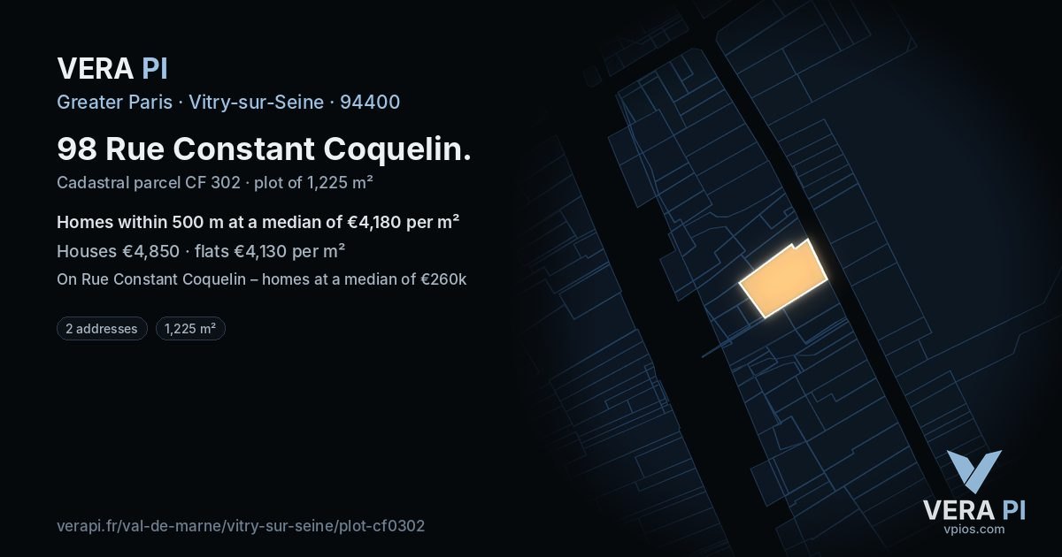 98 Rue Constant Coquelin, Vitry-sur-Seine at night – the plot lit, the parcels around coloured by the prices near them