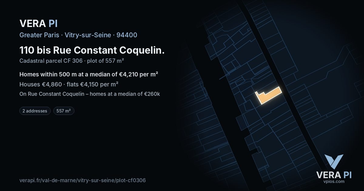 110 bis Rue Constant Coquelin, Vitry-sur-Seine at night – the plot lit, the parcels around coloured by the prices near them