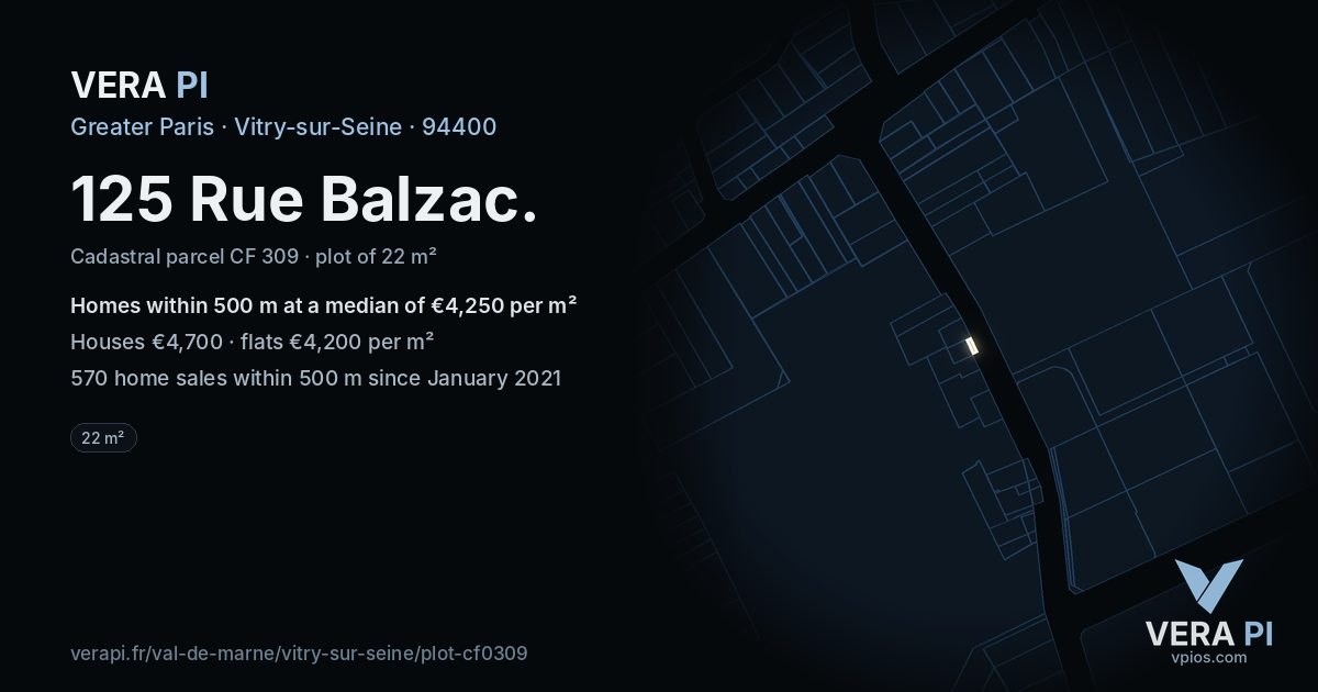 125 Rue Balzac, Vitry-sur-Seine at night – the plot lit, the parcels around coloured by the prices near them