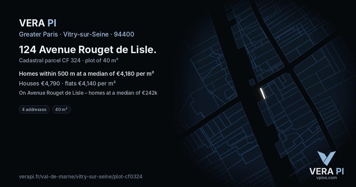 124 Avenue Rouget de Lisle, Vitry-sur-Seine at night – the plot lit, the parcels around coloured by the prices near them