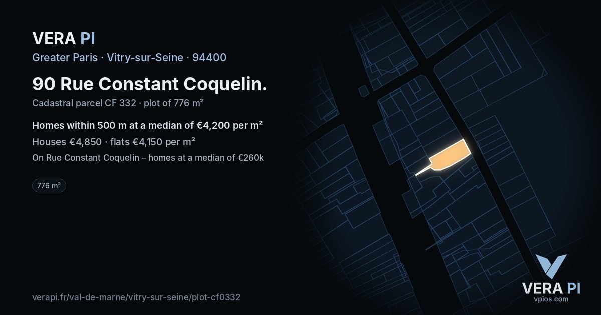 90 Rue Constant Coquelin, Vitry-sur-Seine at night – the plot lit, the parcels around coloured by the prices near them