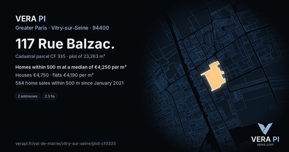 117 Rue Balzac, Vitry-sur-Seine at night – the plot lit, the parcels around coloured by the prices near them
