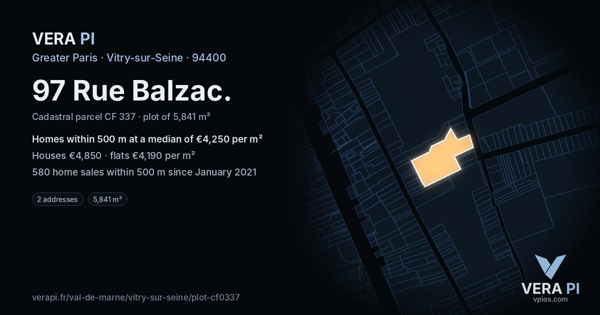 97 Rue Balzac, Vitry-sur-Seine at night – the plot lit, the parcels around coloured by the prices near them