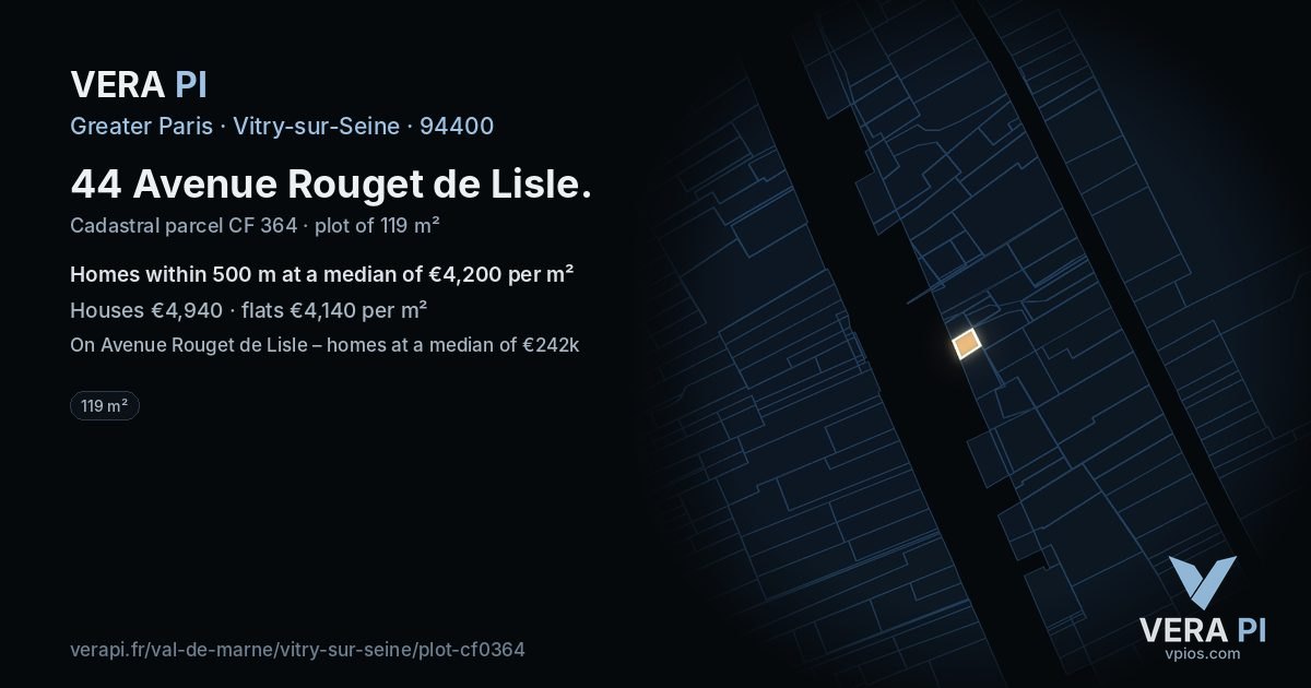 44 Avenue Rouget de Lisle, Vitry-sur-Seine at night – the plot lit, the parcels around coloured by the prices near them