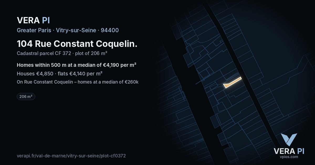 104 Rue Constant Coquelin, Vitry-sur-Seine at night – the plot lit, the parcels around coloured by the prices near them