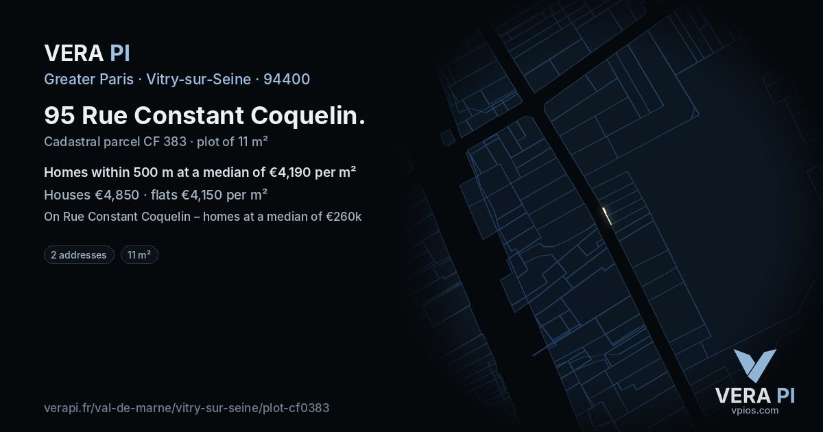 95 Rue Constant Coquelin, Vitry-sur-Seine at night – the plot lit, the parcels around coloured by the prices near them