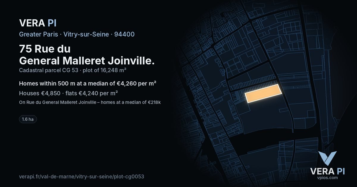 75 Rue du General Malleret Joinville, Vitry-sur-Seine at night – the plot lit, the parcels around coloured by the prices near them
