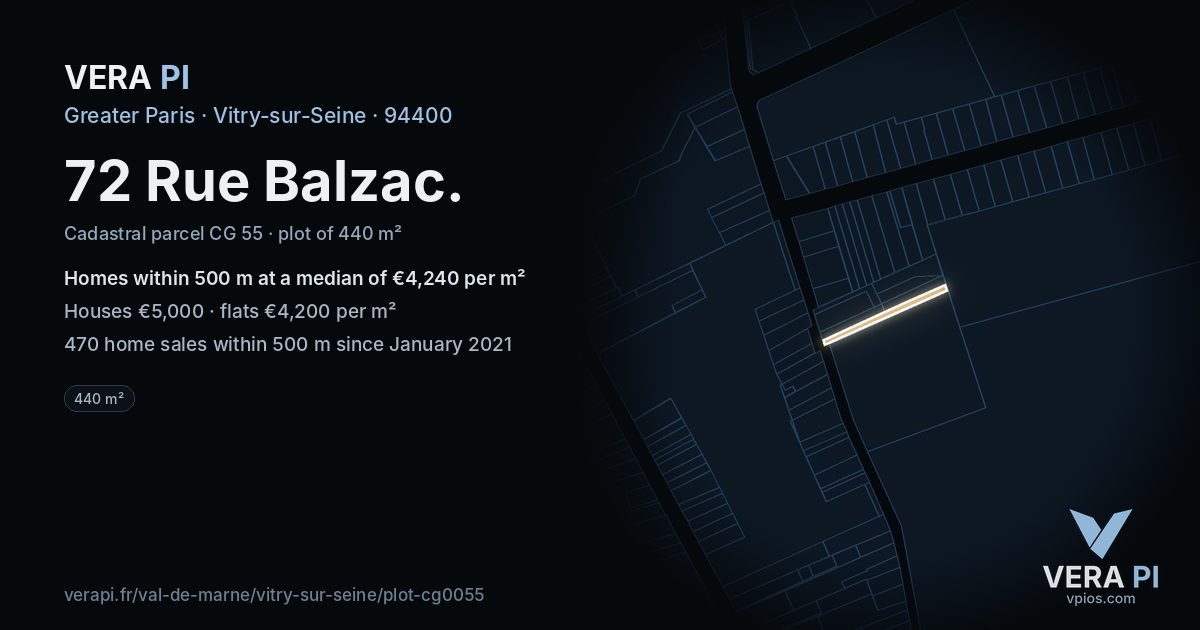 72 Rue Balzac, Vitry-sur-Seine at night – the plot lit, the parcels around coloured by the prices near them