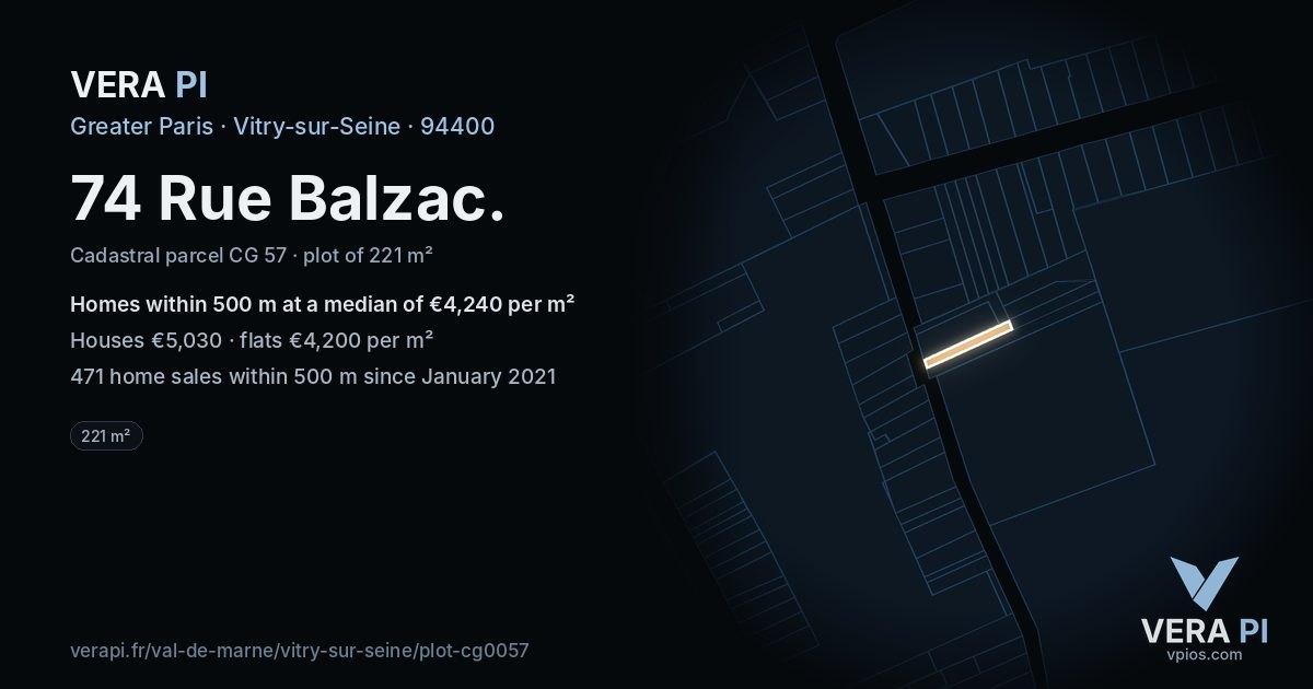 74 Rue Balzac, Vitry-sur-Seine at night – the plot lit, the parcels around coloured by the prices near them
