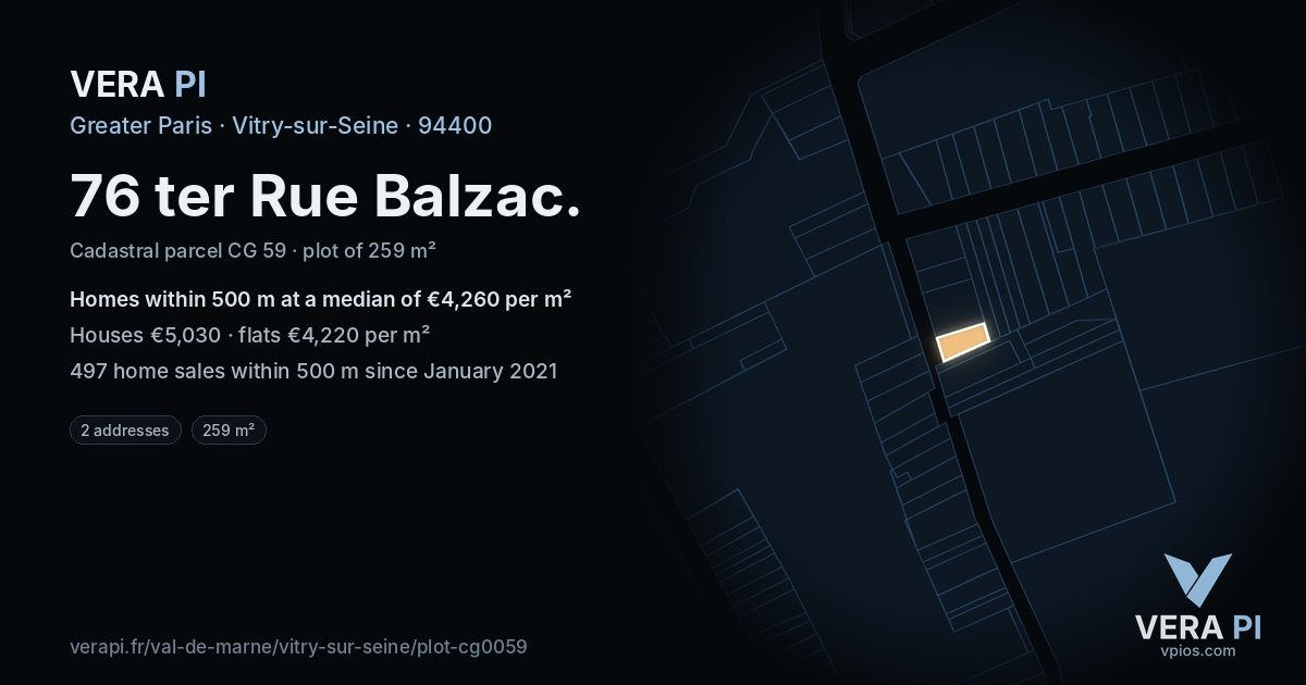 76 ter Rue Balzac, Vitry-sur-Seine at night – the plot lit, the parcels around coloured by the prices near them