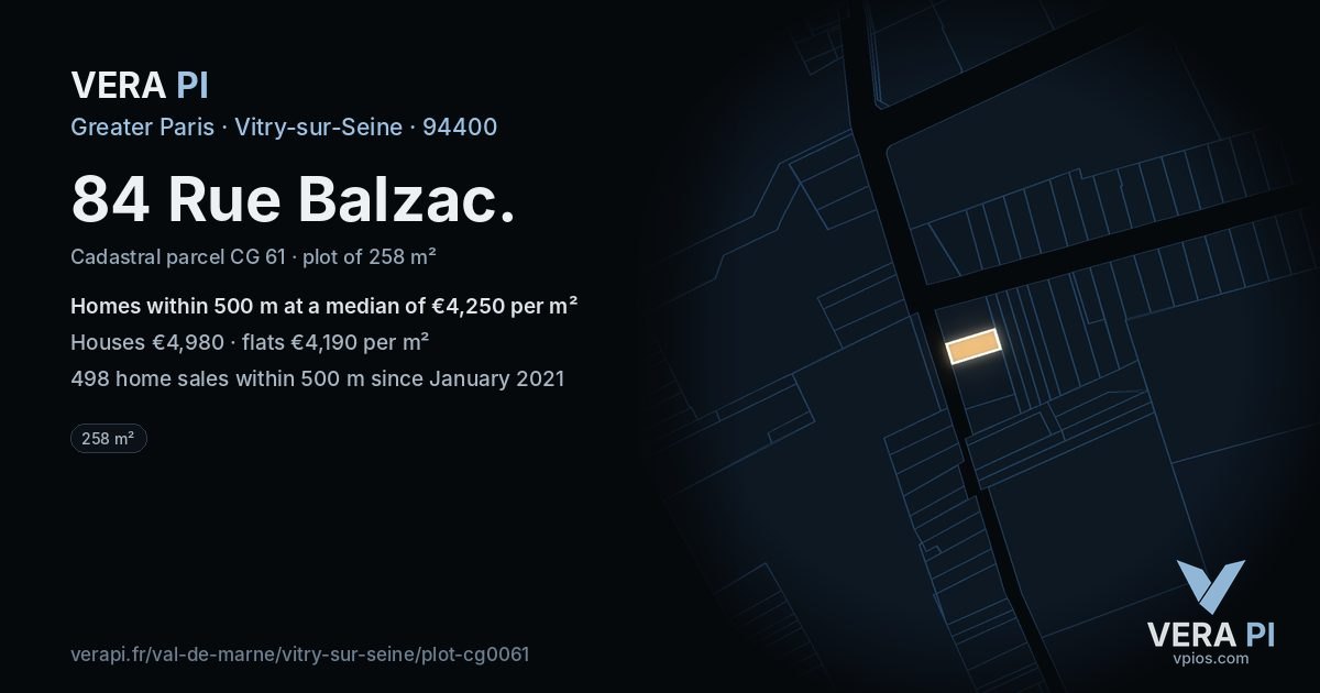 84 Rue Balzac, Vitry-sur-Seine at night – the plot lit, the parcels around coloured by the prices near them