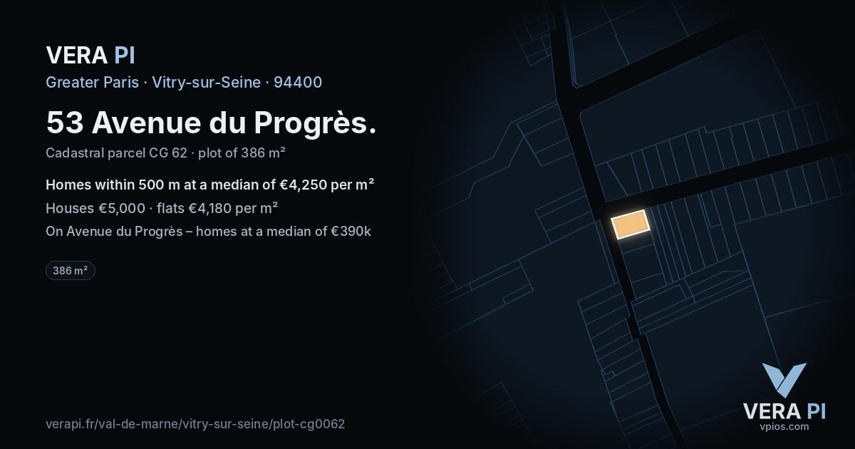 53 Avenue du Progrès, Vitry-sur-Seine at night – the plot lit, the parcels around coloured by the prices near them