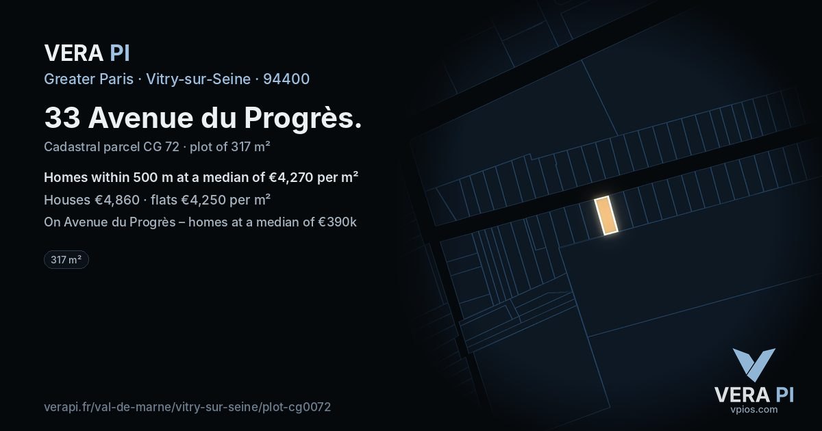33 Avenue du Progrès, Vitry-sur-Seine at night – the plot lit, the parcels around coloured by the prices near them