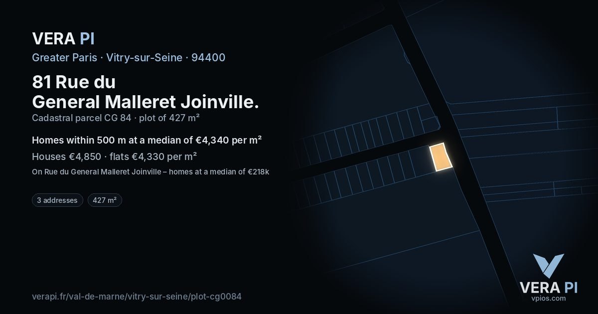 81 Rue du General Malleret Joinville, Vitry-sur-Seine at night – the plot lit, the parcels around coloured by the prices near them