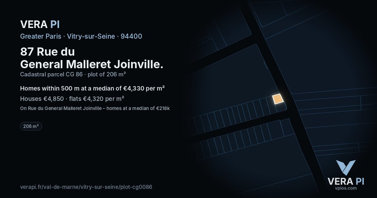 87 Rue du General Malleret Joinville, Vitry-sur-Seine at night – the plot lit, the parcels around coloured by the prices near them