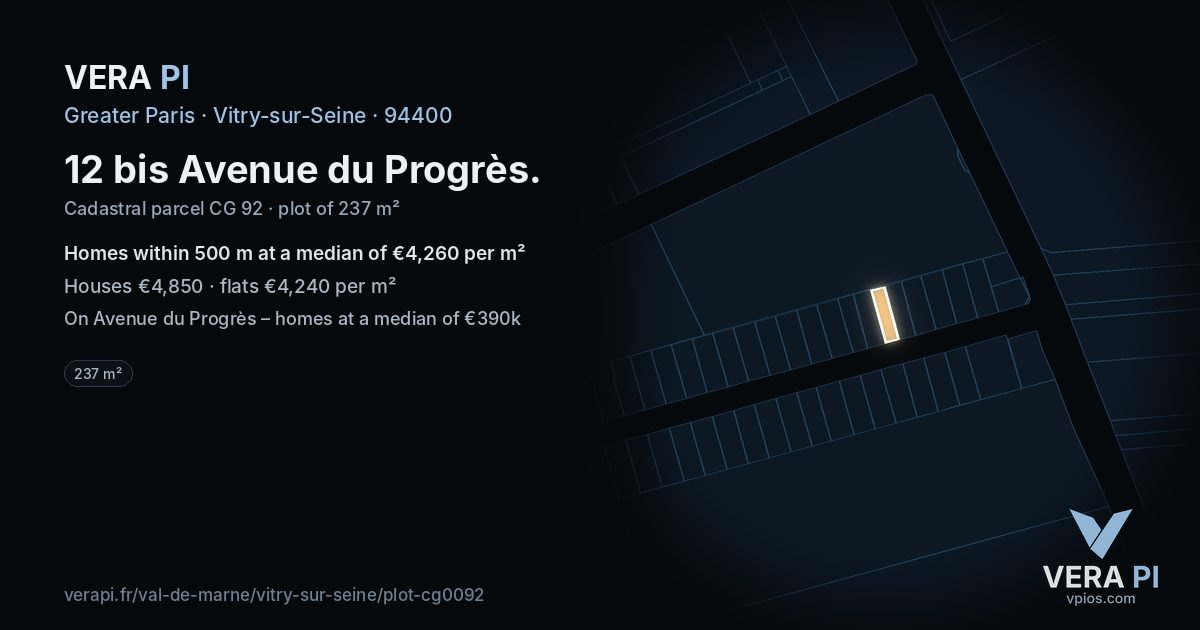12 bis Avenue du Progrès, Vitry-sur-Seine at night – the plot lit, the parcels around coloured by the prices near them