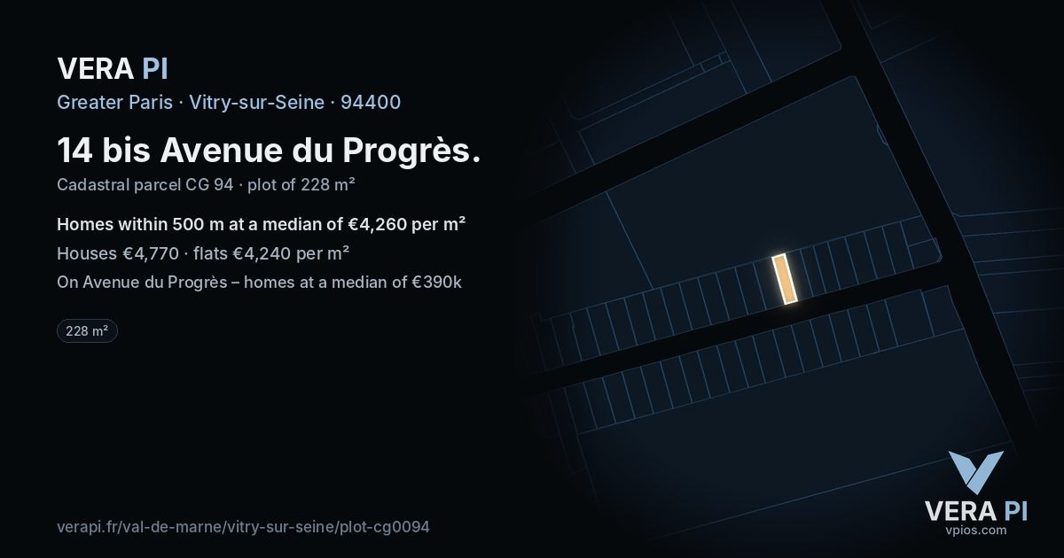 14 bis Avenue du Progrès, Vitry-sur-Seine at night – the plot lit, the parcels around coloured by the prices near them