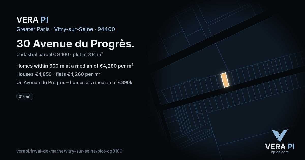 30 Avenue du Progrès, Vitry-sur-Seine at night – the plot lit, the parcels around coloured by the prices near them