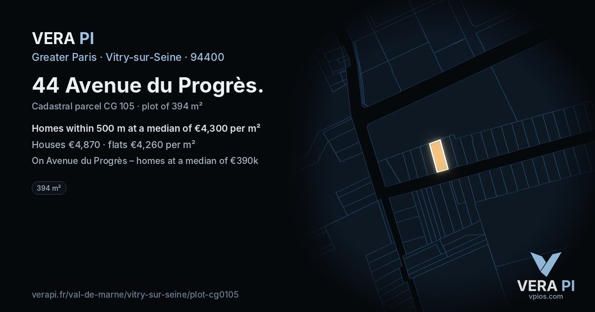 44 Avenue du Progrès, Vitry-sur-Seine at night – the plot lit, the parcels around coloured by the prices near them