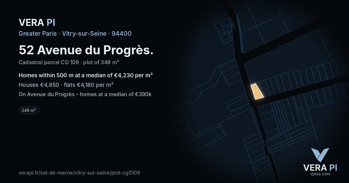 52 Avenue du Progrès, Vitry-sur-Seine at night – the plot lit, the parcels around coloured by the prices near them